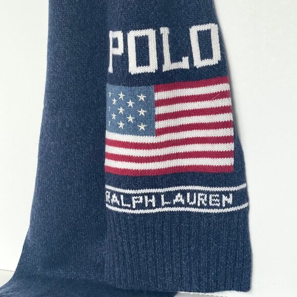 Polo Ralph Lauren American Flag Scarf Men’s Wool Blend Blue Winter Oblong - Picture 4 of 6